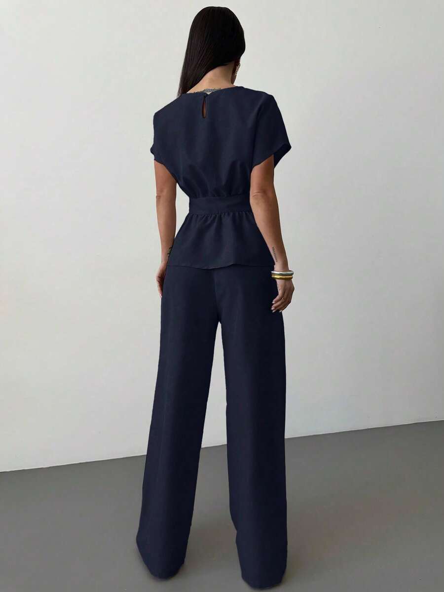 Linen Blend Belted Shirt and Wide Leg Pants Set