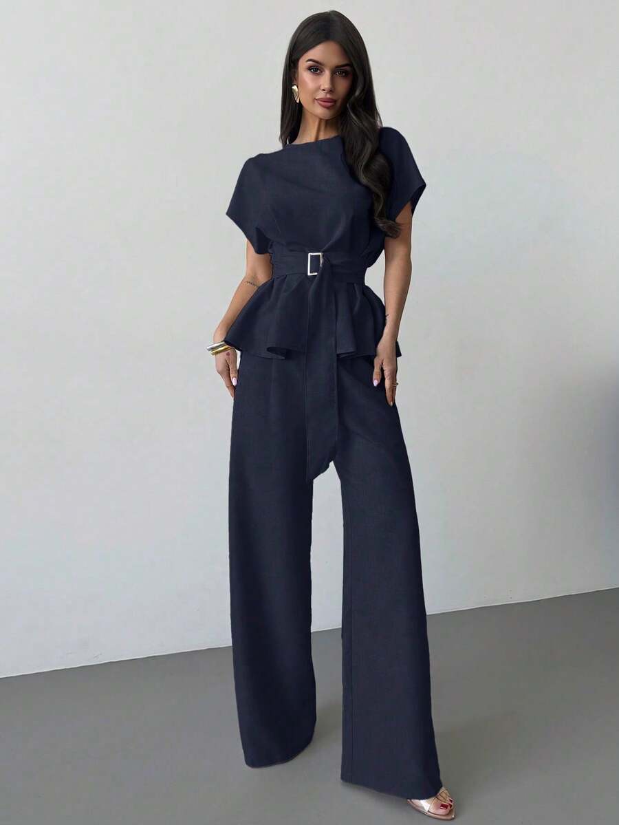Linen Blend Belted Shirt and Wide Leg Pants Set
