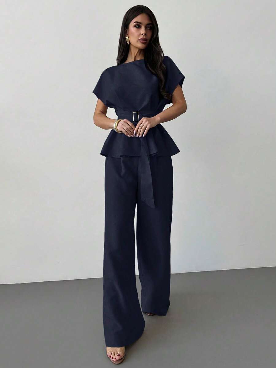 Linen Blend Belted Shirt and Wide Leg Pants Set