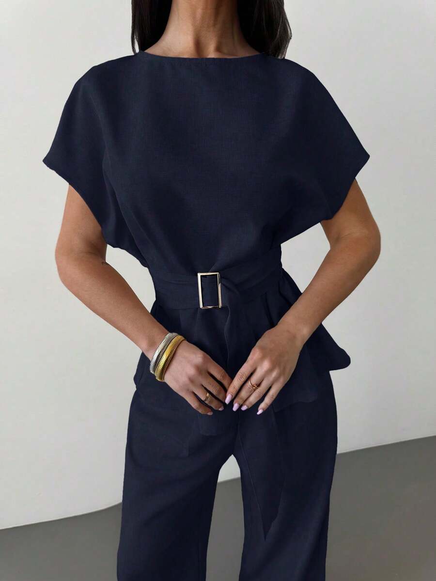 Linen Blend Belted Shirt and Wide Leg Pants Set