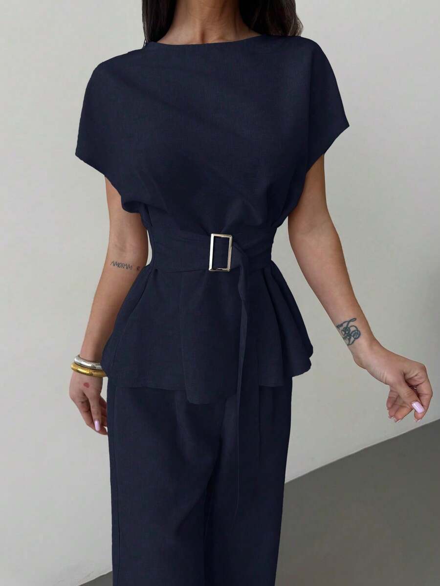 Linen Blend Belted Shirt and Wide Leg Pants Set