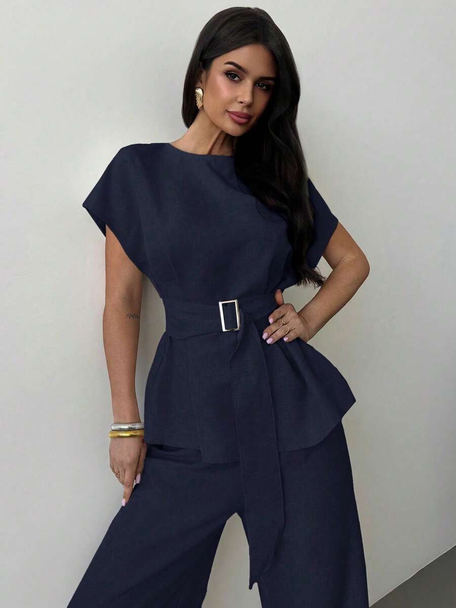 Linen Blend Belted Shirt and Wide Leg Pants Set