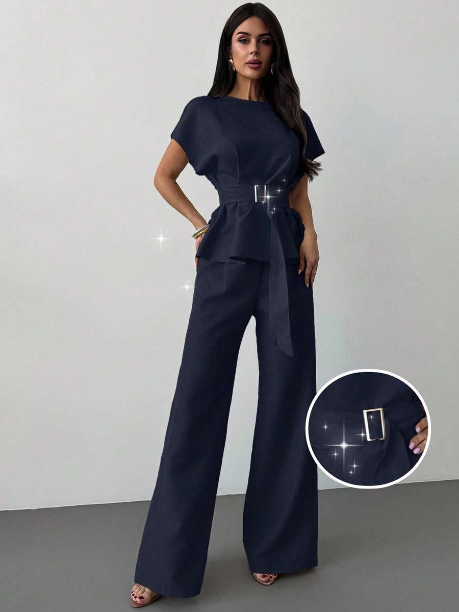Linen Blend Belted Shirt and Wide Leg Pants Set