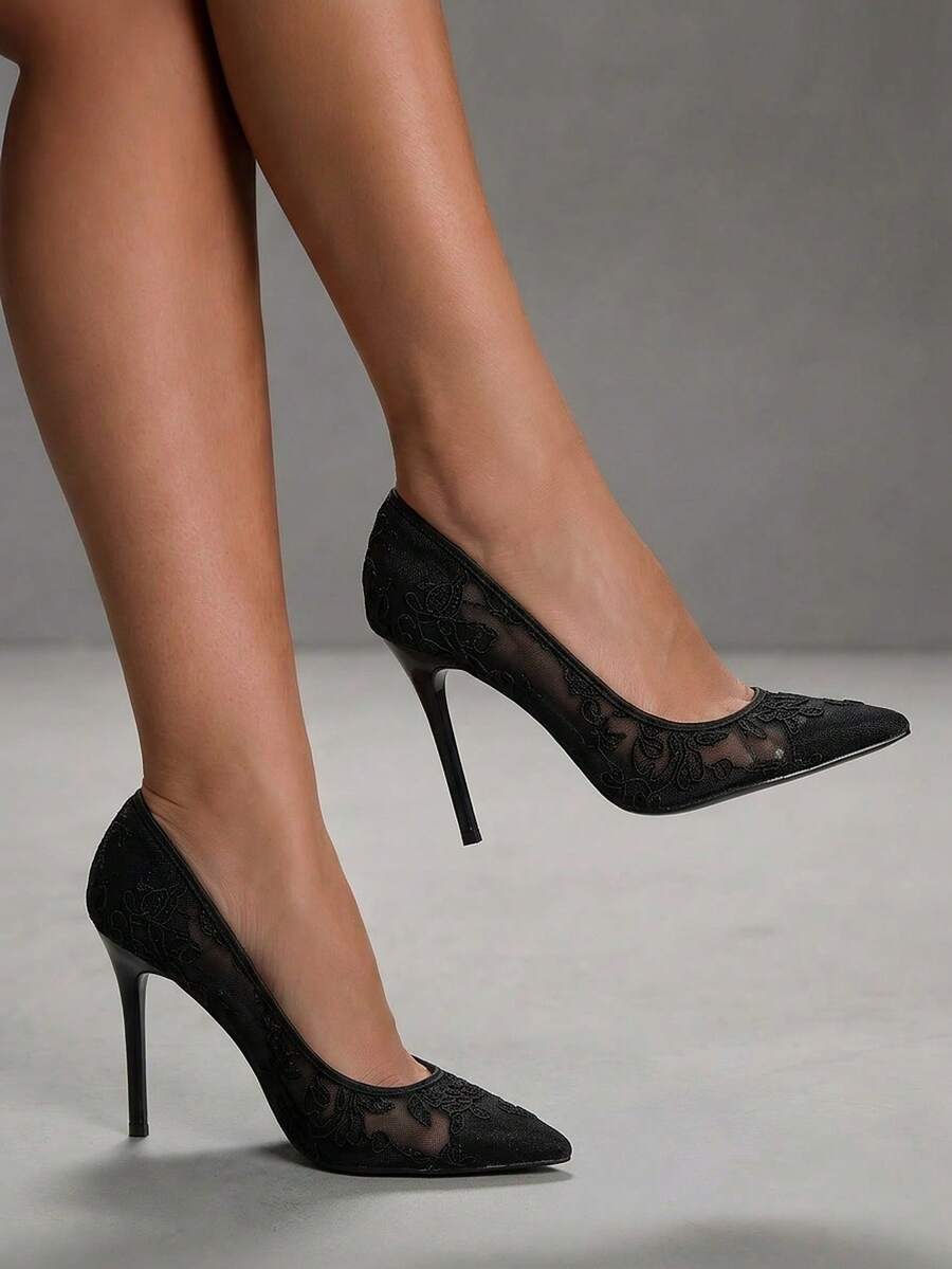 Lace Mesh Pointed Toe Stiletto Heels