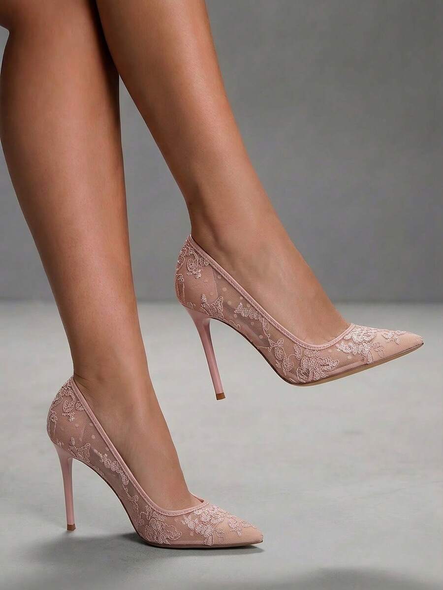 Lace Mesh Pointed Toe Stiletto Heels