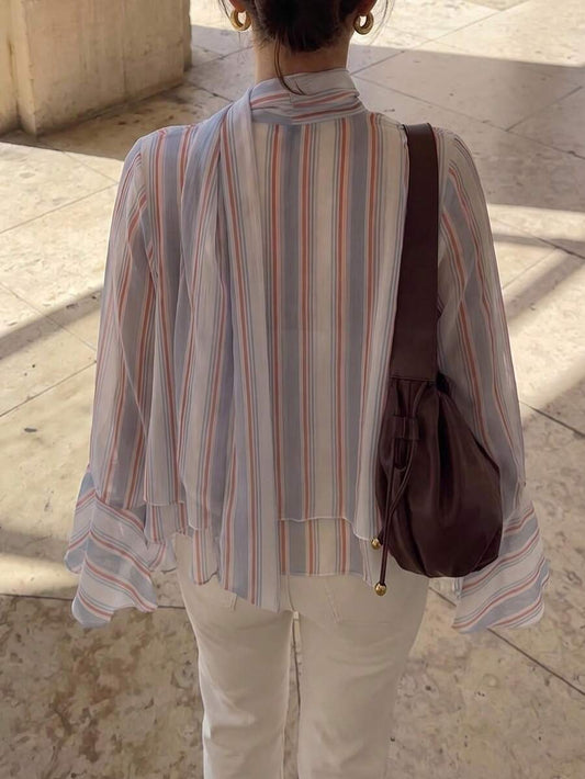 Striped Chiffon Ruffle Trim V Neck Blouse