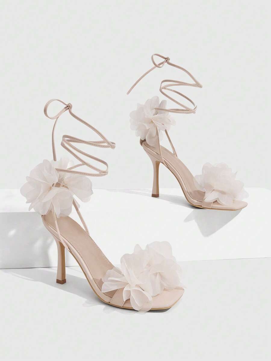 3D Floral Lace Up Stiletto