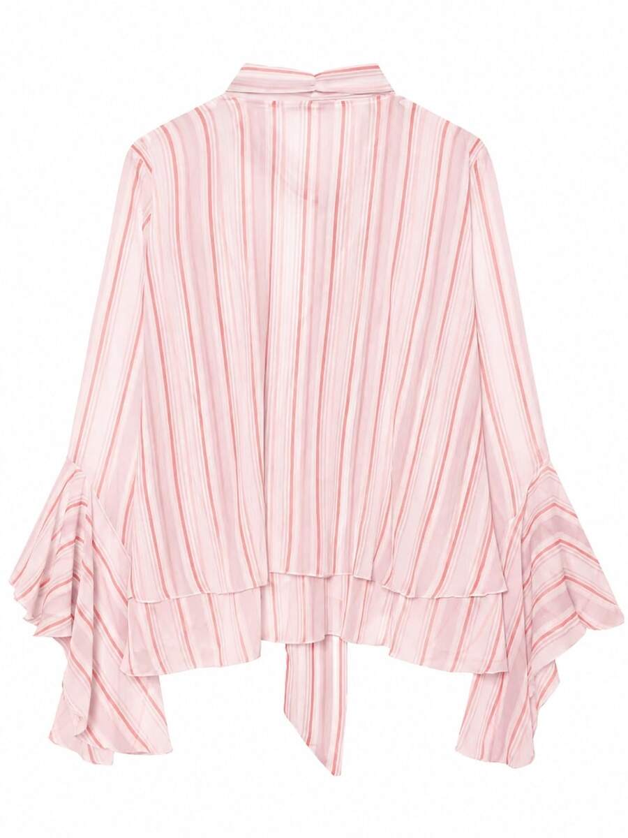 Striped Chiffon Ruffle Trim V Neck Blouse