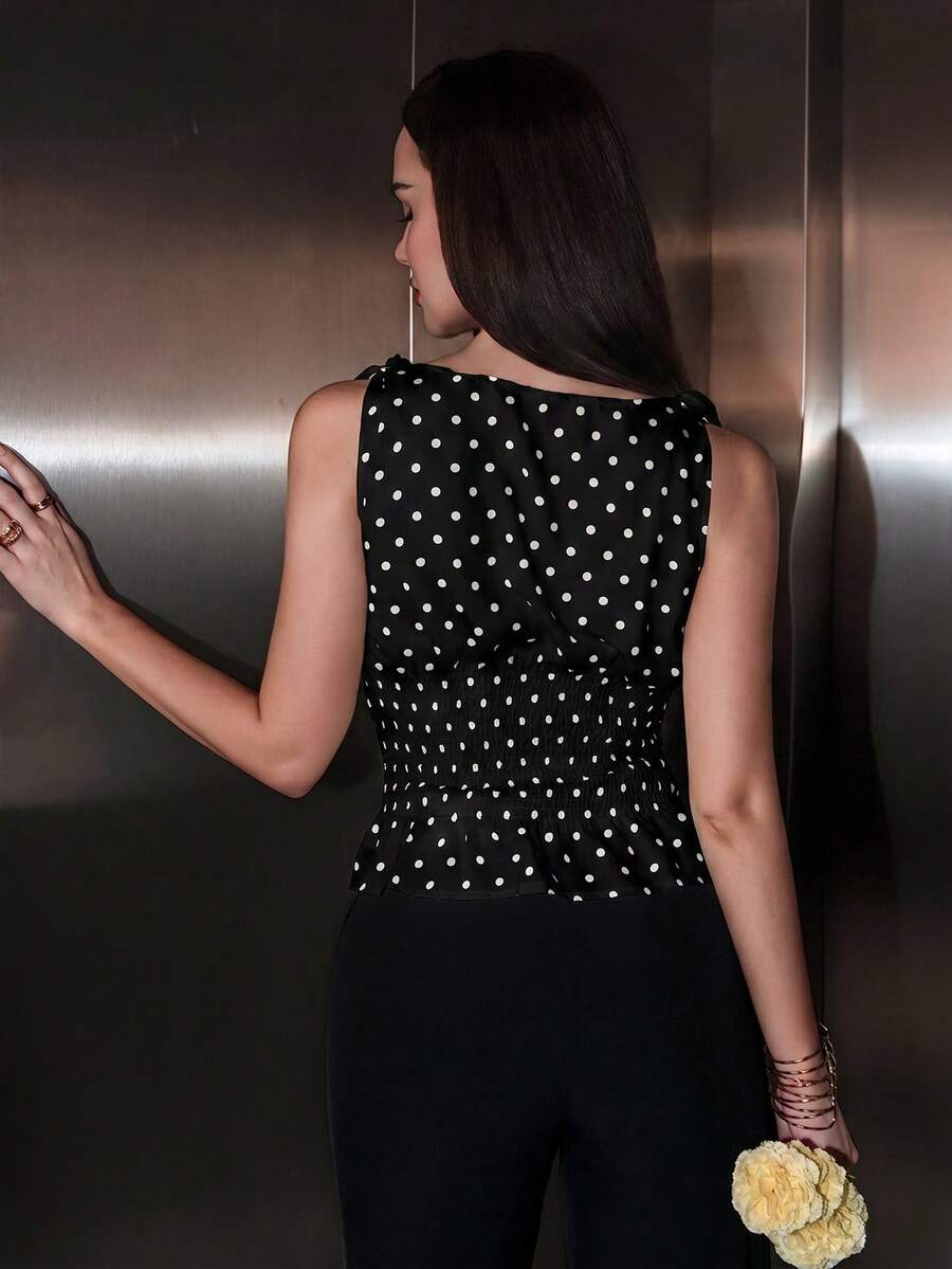 Polka Dot Bow Waist Peplum Top