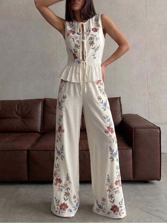 Floral Print Lace Up Top and Straight Leg Pants Set