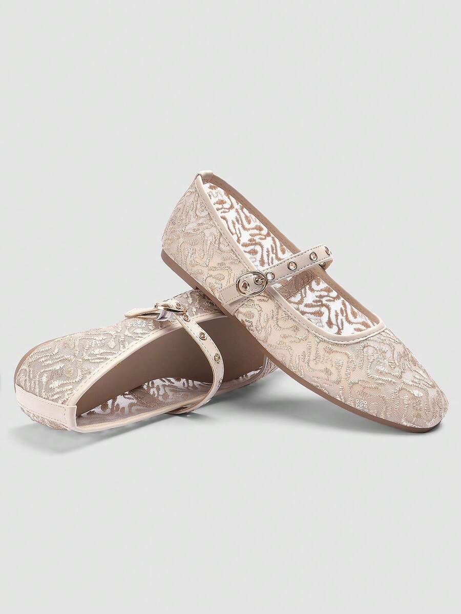 Lace Mesh Mary Jane Ballet Flats