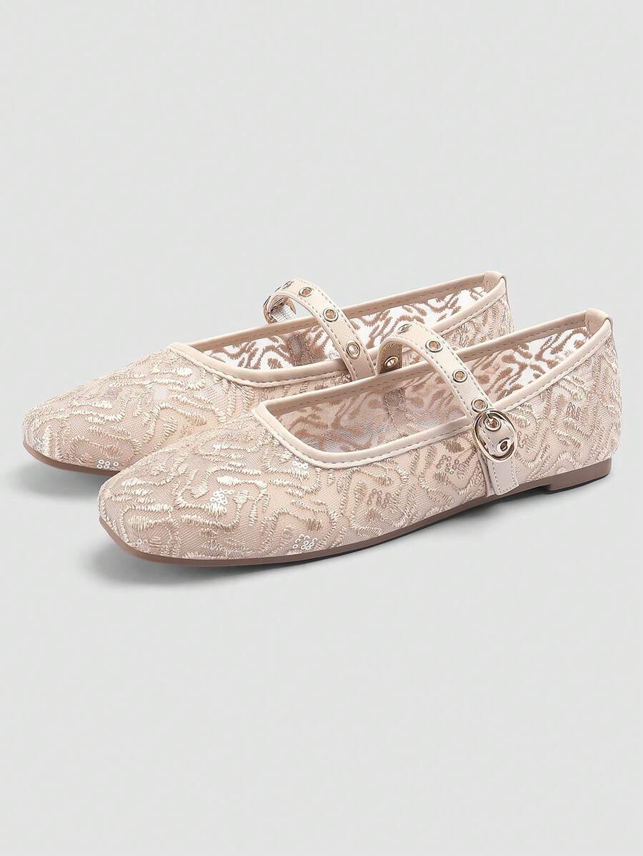 Lace Mesh Mary Jane Ballet Flats