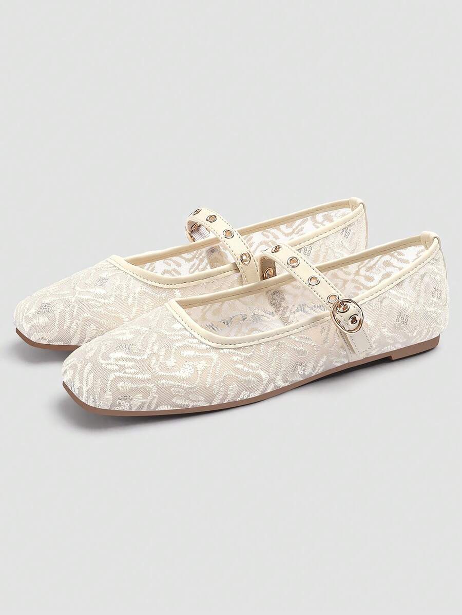 Lace Mesh Mary Jane Ballet Flats