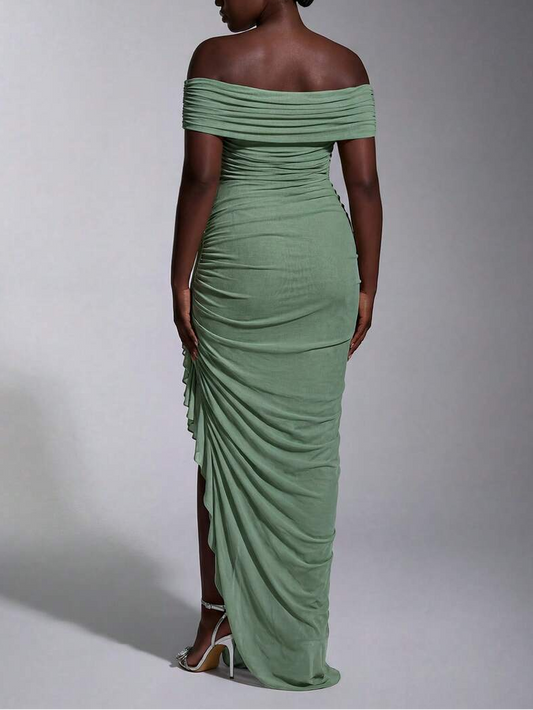 Plus Size Cold Shoulder Ruched Mesh Maxi Dress