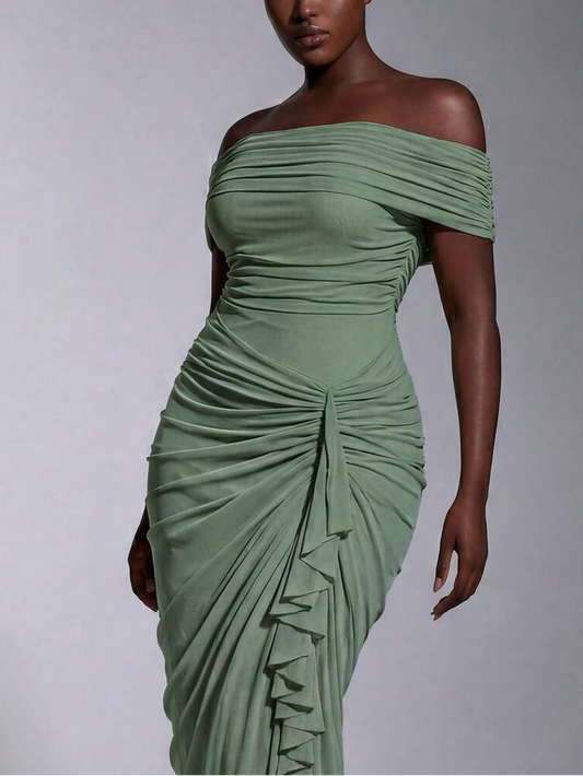 Plus Size Cold Shoulder Ruched Mesh Maxi Dress