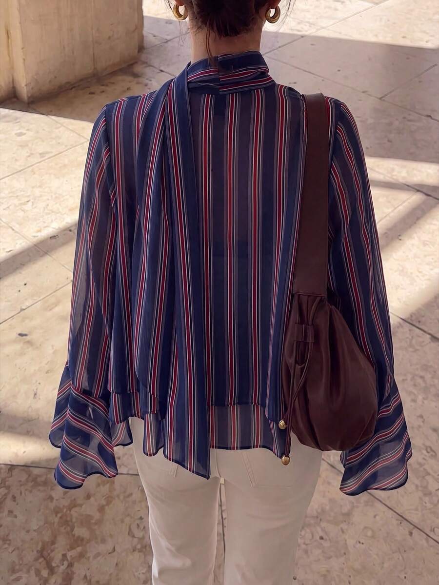 Striped Chiffon Ruffle Trim V Neck Blouse
