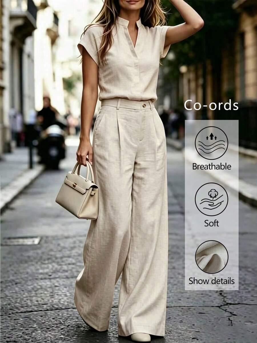 Notched Neck Shirt and Wide Leg Pants Set