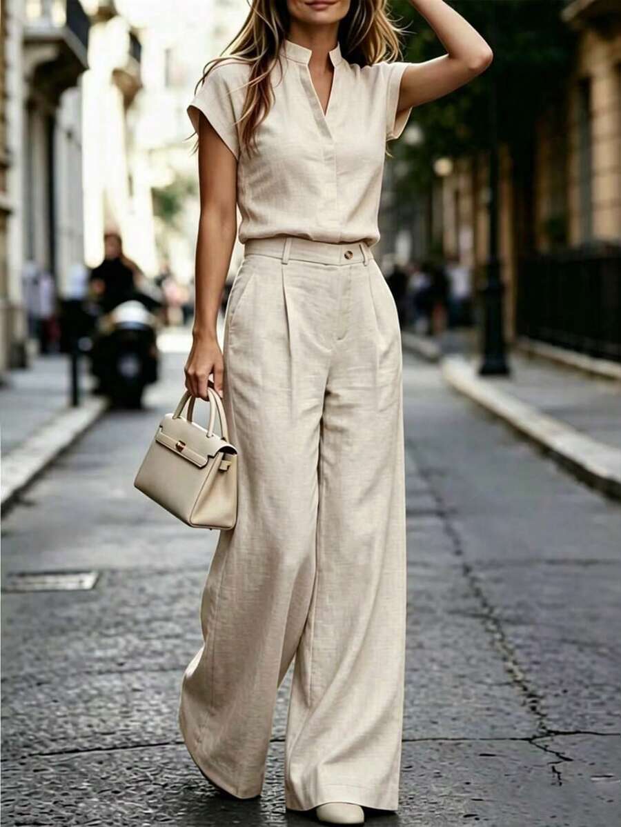 Notched Neck Shirt and Wide Leg Pants Set
