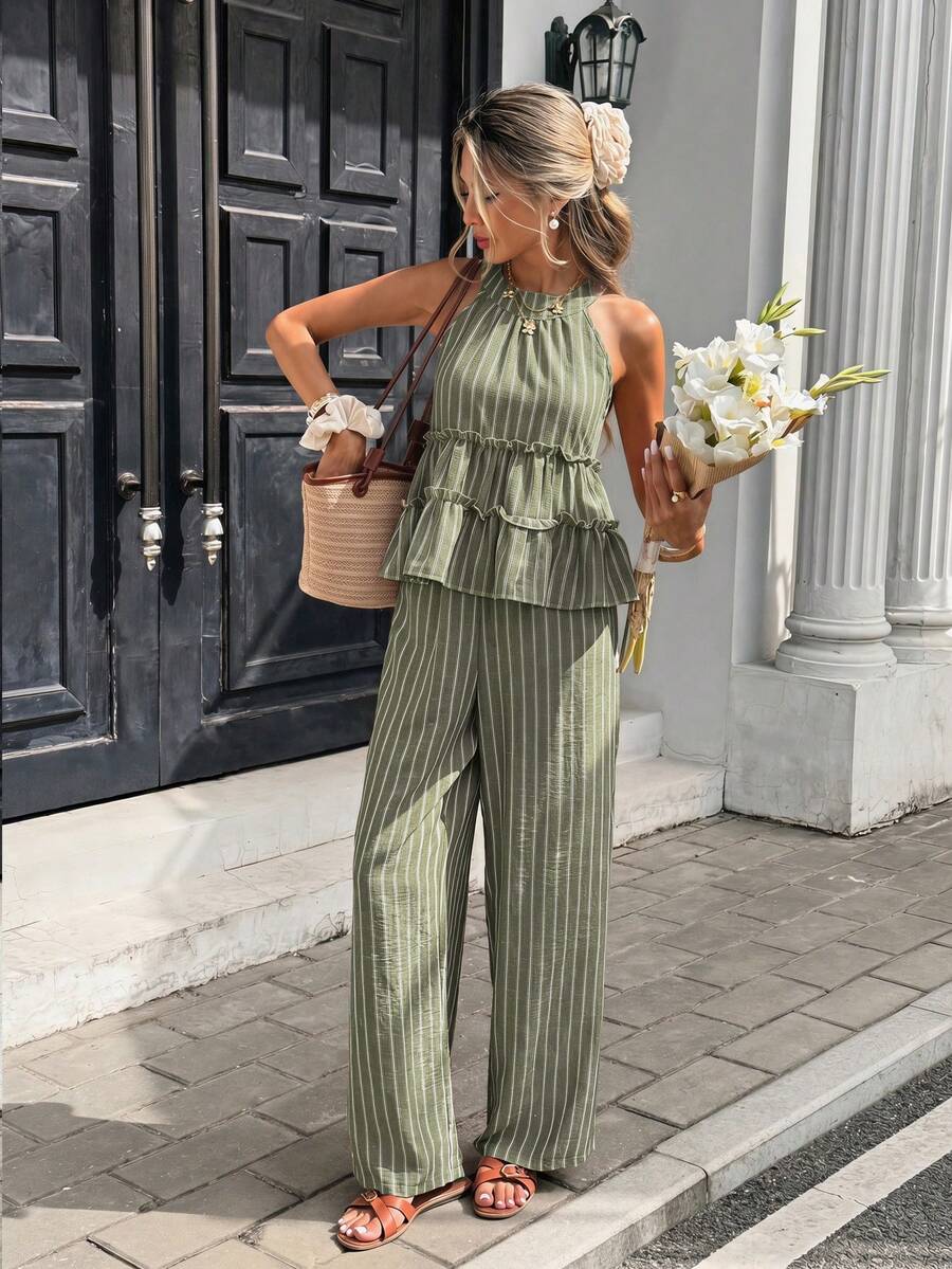 Striped Frill Halter Top and Pants Set