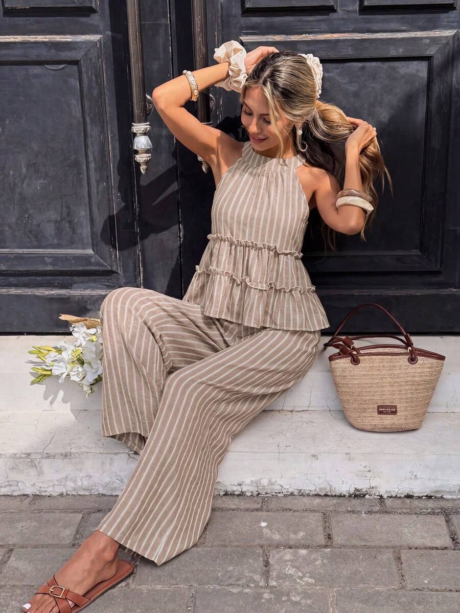 Striped Frill Halter Top and Pants Set