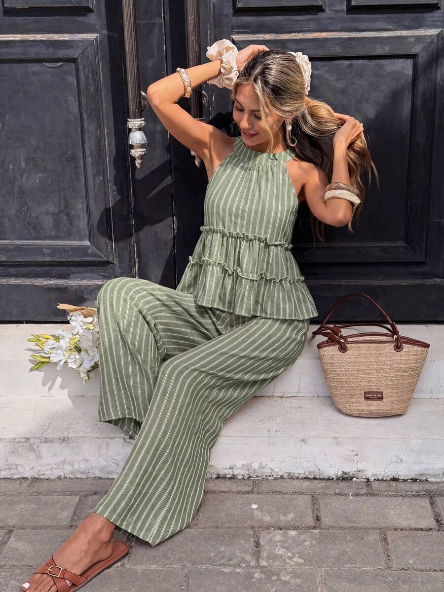 Striped Frill Halter Top and Pants Set