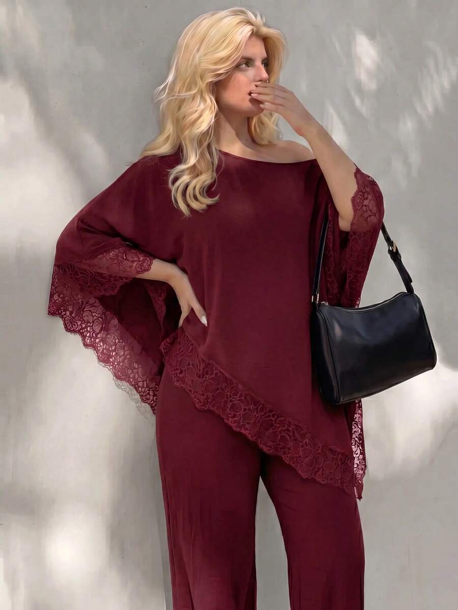 Plus Size Open Shoulder Lace Trim Top