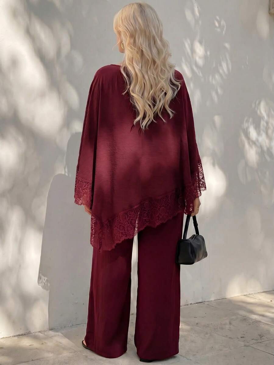 Plus Size Open Shoulder Lace Trim Top
