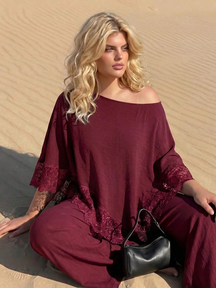 Plus Size Open Shoulder Lace Trim Top