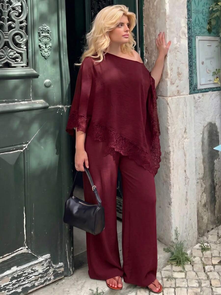 Plus Size Open Shoulder Lace Trim Top