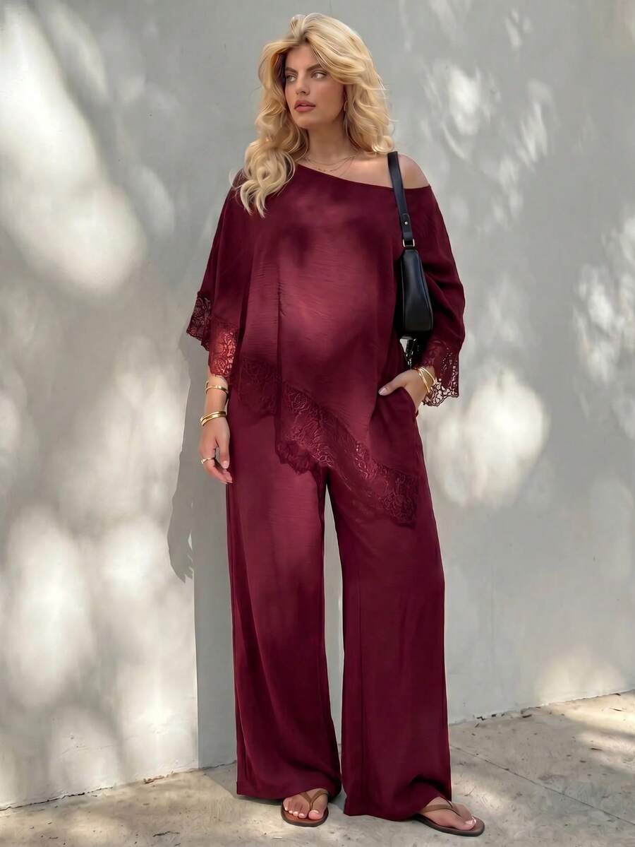 Plus Size Open Shoulder Lace Trim Top
