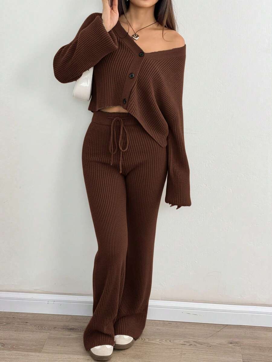 Ribbed Cardigan and Drawstring Flare Pants Set