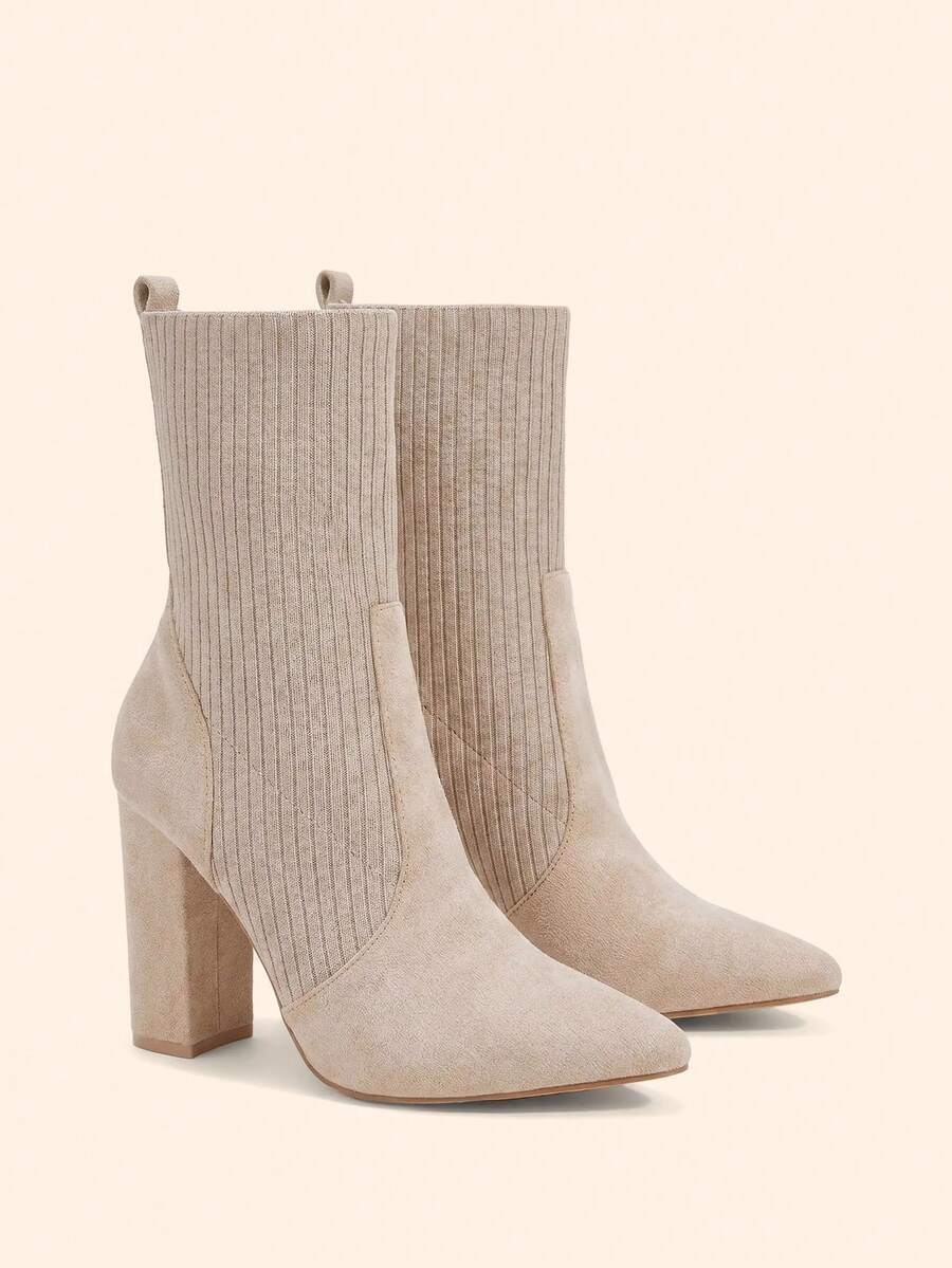 Pointed Toe Stretch Block Heel Ankle Boots