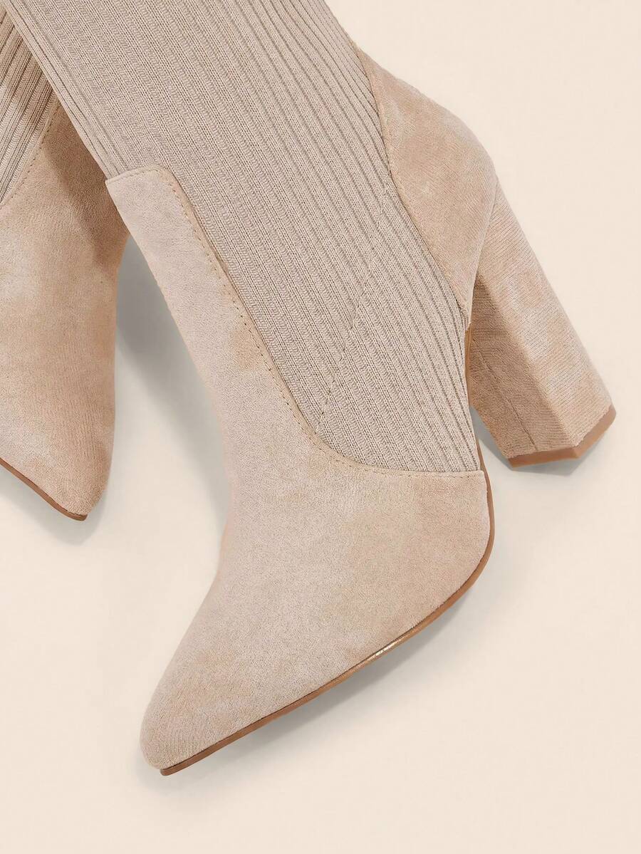 Pointed Toe Stretch Block Heel Ankle Boots