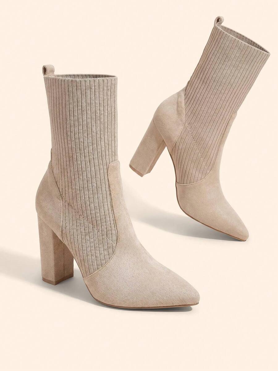 Pointed Toe Stretch Block Heel Ankle Boots