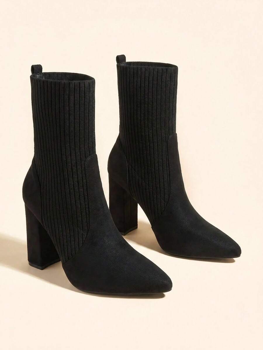 Pointed Toe Stretch Block Heel Ankle Boots