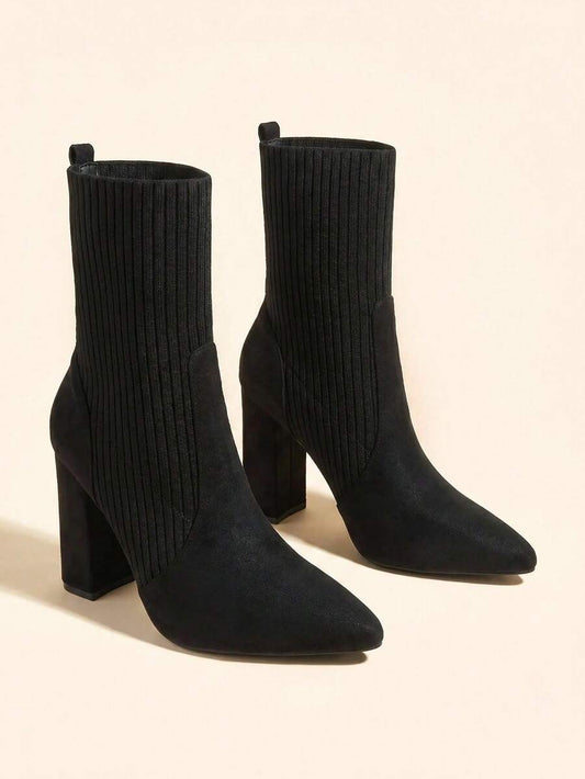 Pointed Toe Stretch Block Heel Ankle Boots