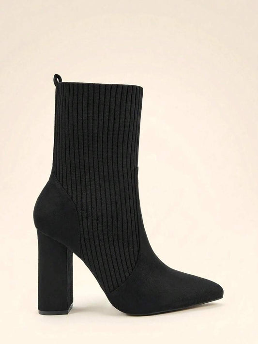 Pointed Toe Stretch Block Heel Ankle Boots
