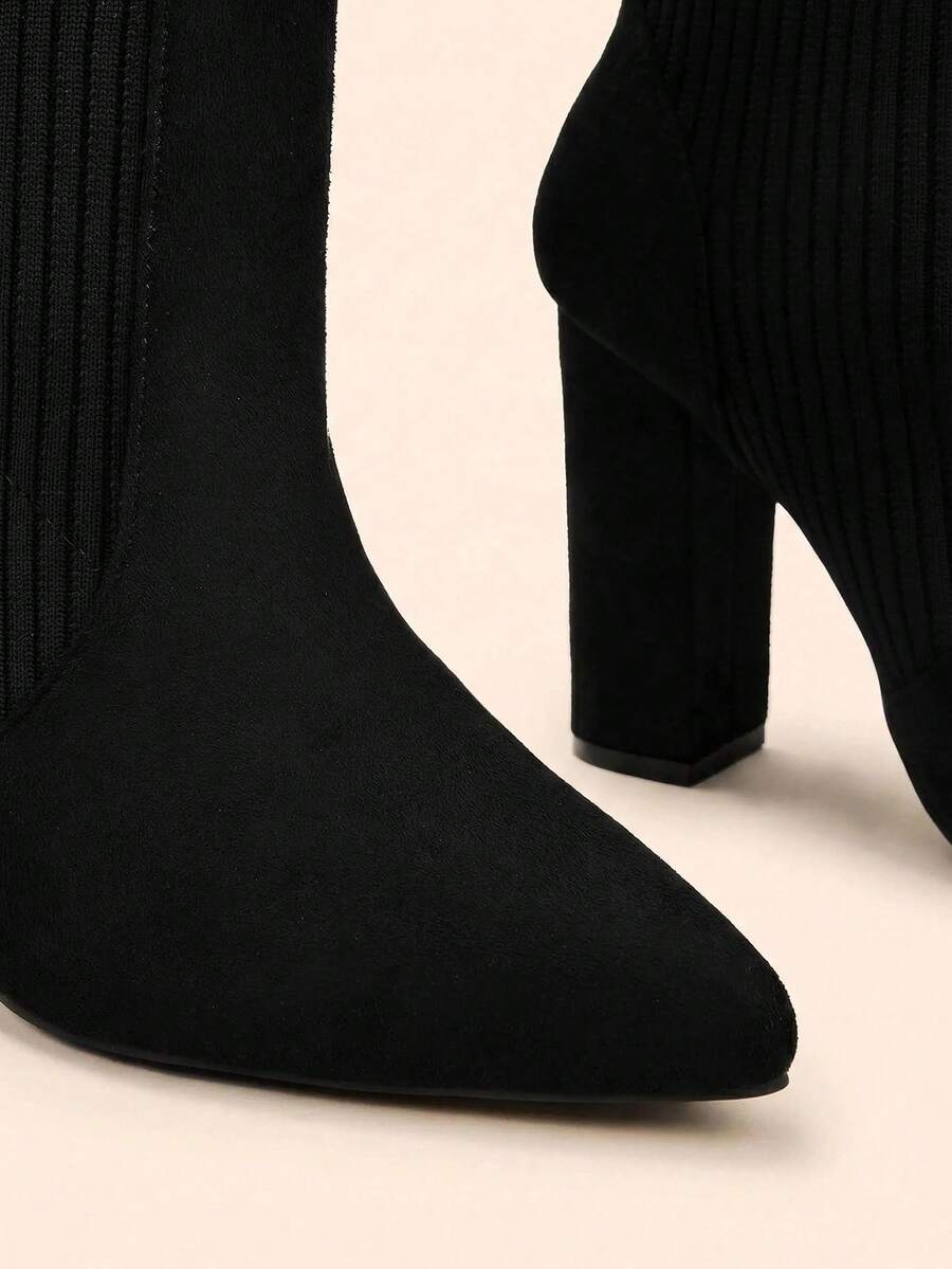 Pointed Toe Stretch Block Heel Ankle Boots