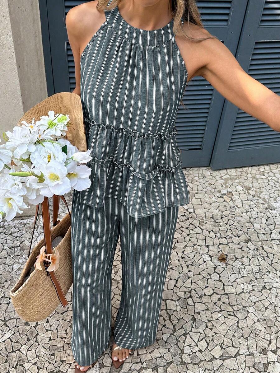 Striped Frill Halter Top and Pants Set