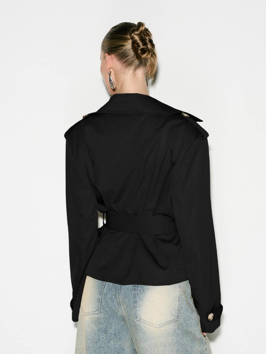 Cropped Belted Trench Coat with Shoulder Pads