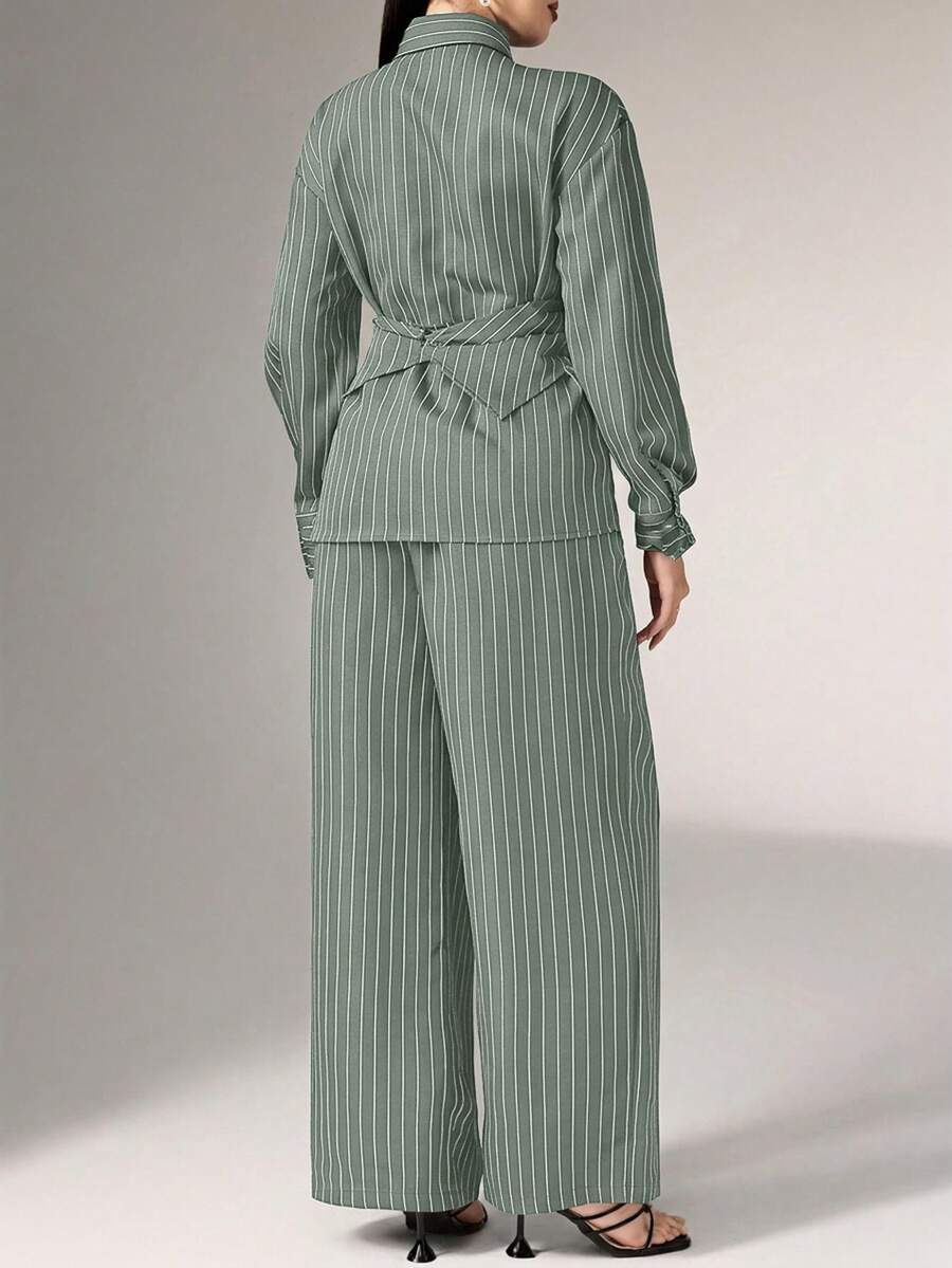 Cinched Waist Wrap Shirt and Pants Set