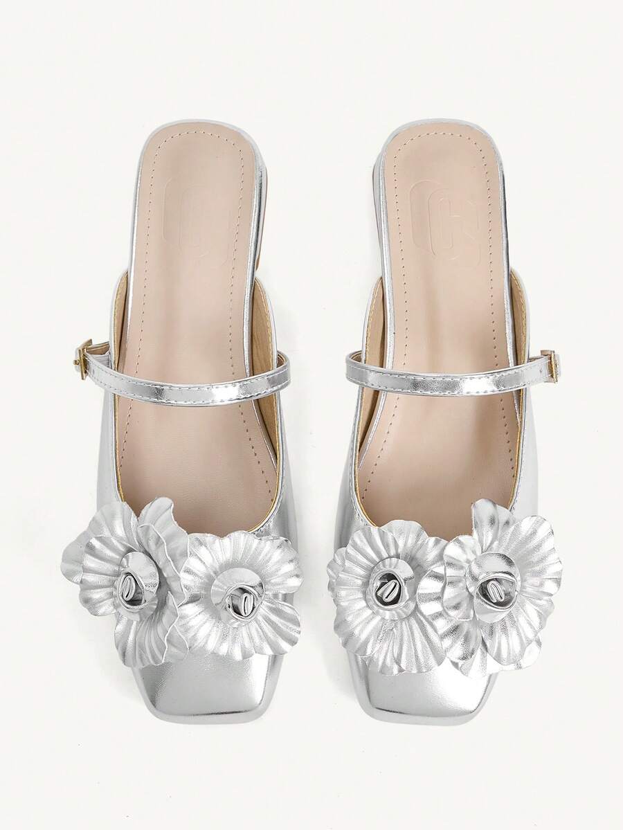 3D Flower Square Toe Slingback