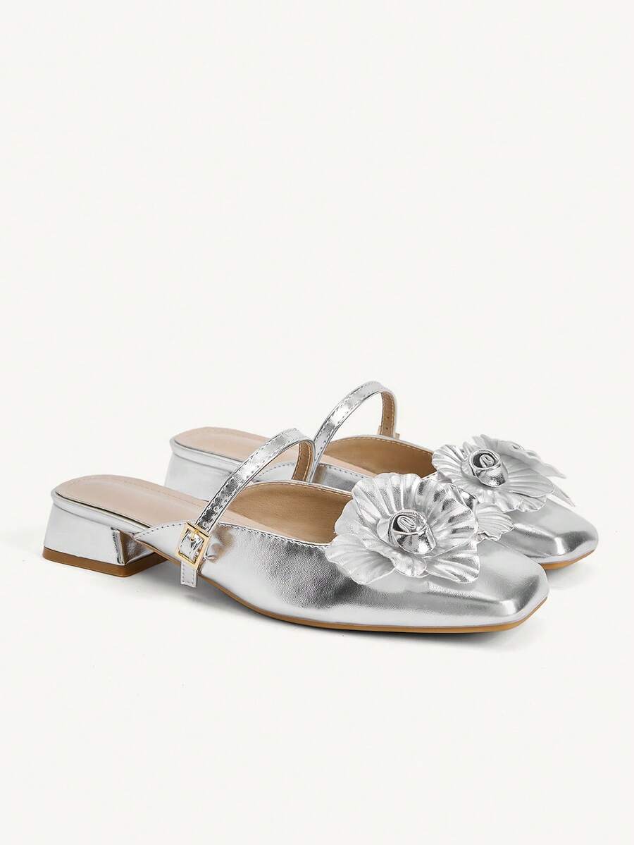 3D Flower Square Toe Slingback