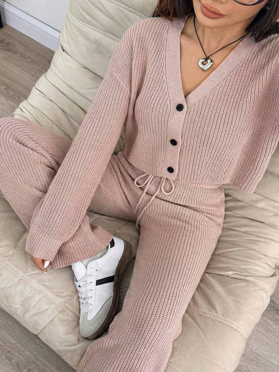 Ribbed Cardigan and Drawstring Flare Pants Set