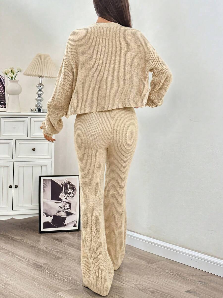 Ribbed Cardigan and Drawstring Flare Pants Set