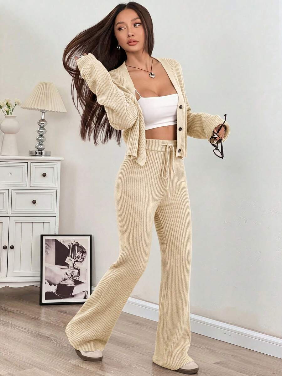 Ribbed Cardigan and Drawstring Flare Pants Set