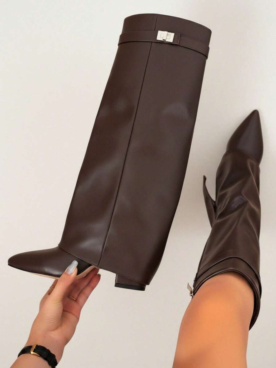 Pointed Toe Fold Over Knee High Boots