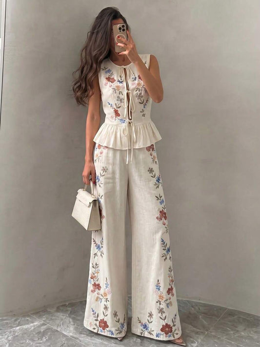Floral Print Lace Up Top and Straight Leg Pants Set