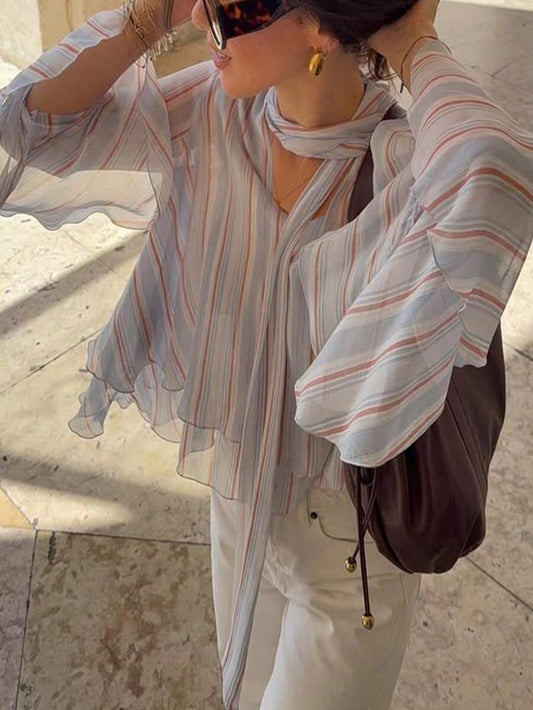 Striped Chiffon Ruffle Trim V Neck Blouse