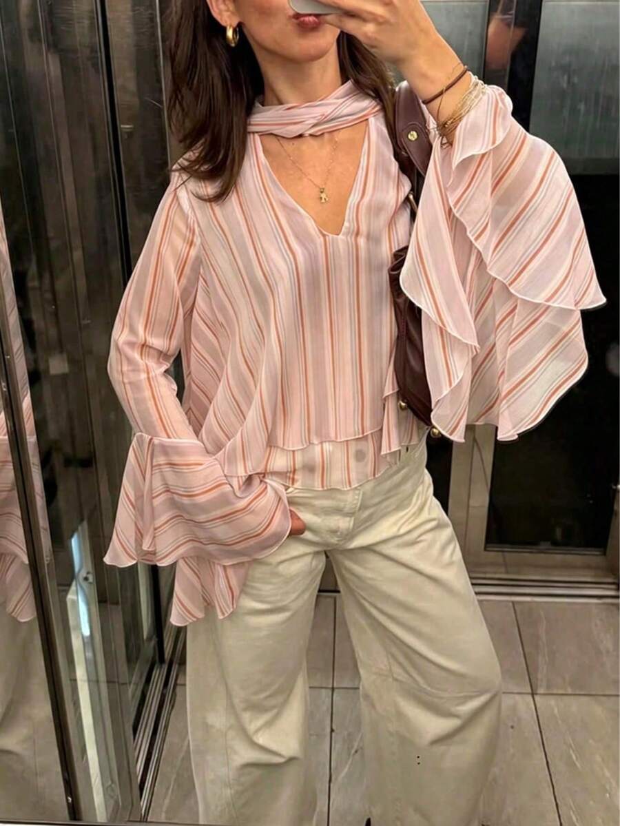 Striped Chiffon Ruffle Trim V Neck Blouse